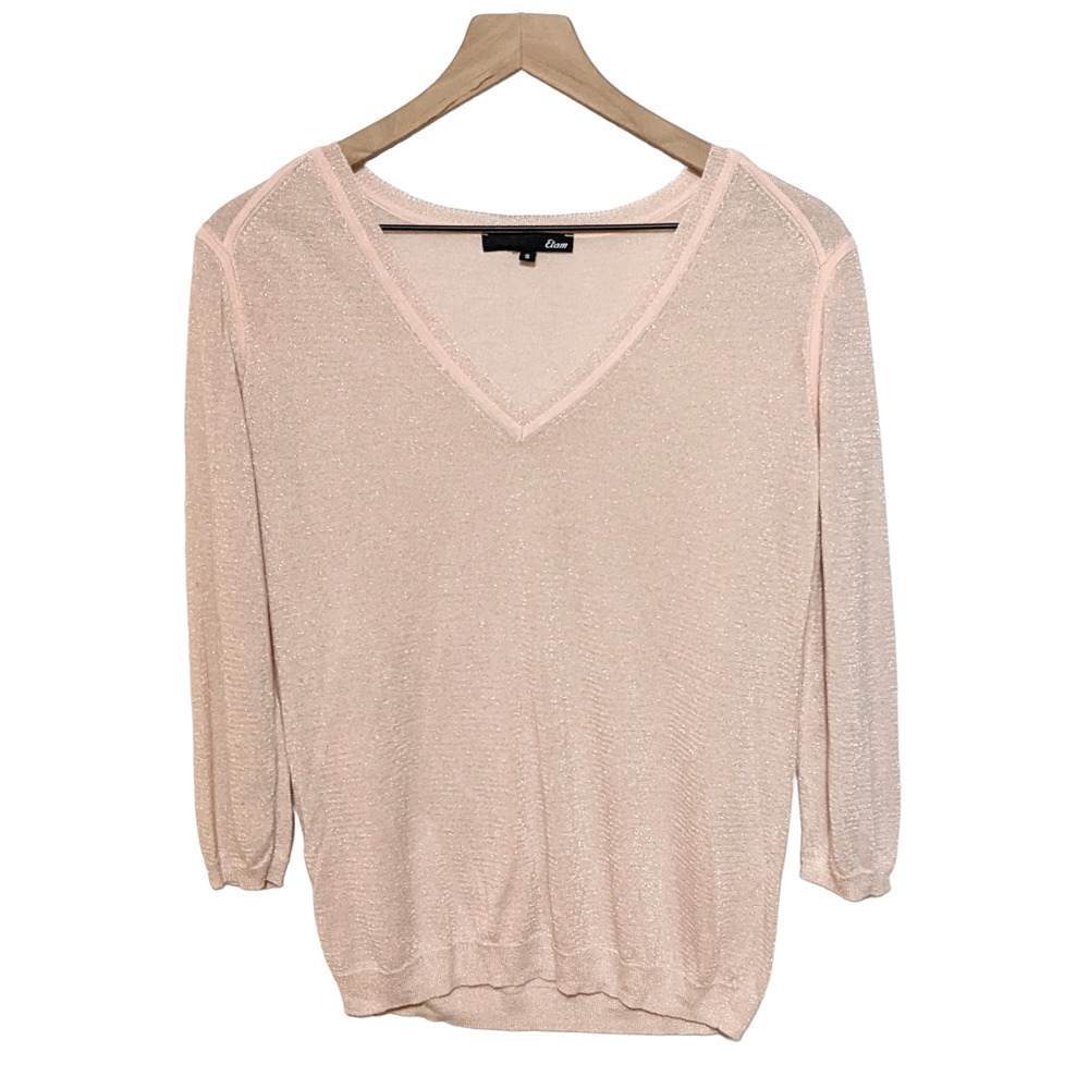Etam Pink Gold Metallic 3/4 Sleeve V Neck Sweater Women's Size S